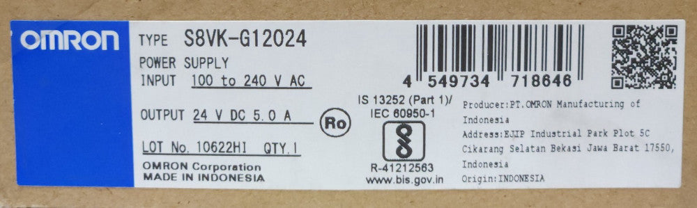 OMRON S8VK G12024 Switching Power Supply Input 100-240 VAC Output 24 VDC 5 AMP