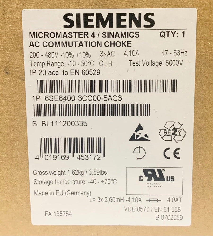 SIEMENS 6SE6400 3CC00 5AC3 Micromaster 4 SINAMICS AC Drive COMMUTATION CHOKE