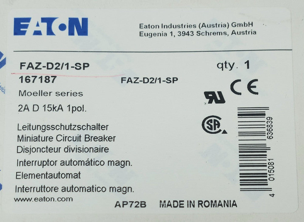 EATON FAZ D2 1 SP Single Pole 2 AMP XEFFECT Miniature Circuit Breaker FAZ-D2/1-S