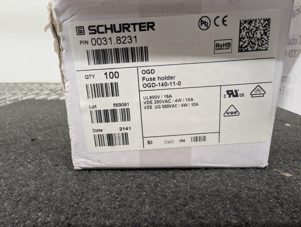 New, Schurter, 0031.8231, FUSE BLOK CARTRIDGE 600V 16A PCB - Lot of 20pcs