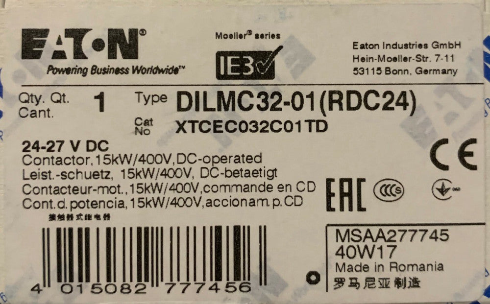 EATON MOELLER DILMC32 01 RDC24 3 Pol 24-27 VDC 40 A Contactor XTCEC032C01TD  