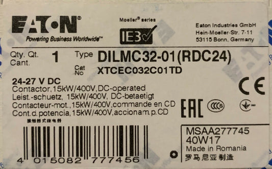 EATON MOELLER DILMC32 01 RDC24 3 Pol 24-27 VDC 40 A Contactor XTCEC032C01TD  