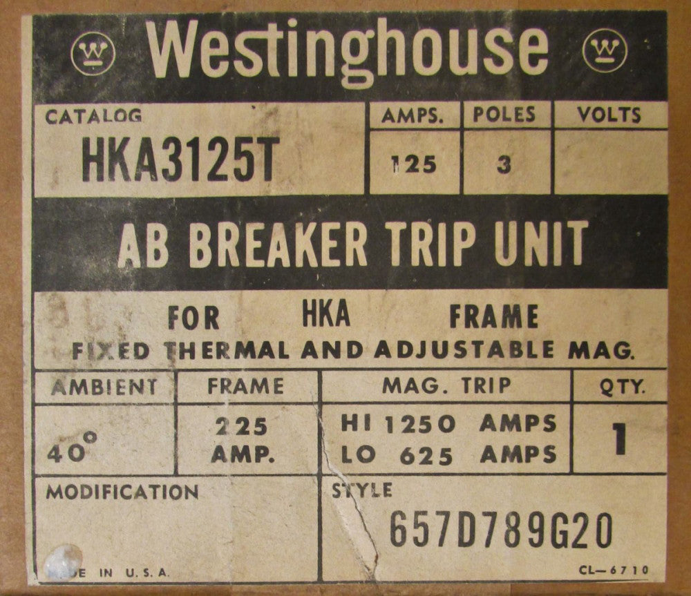 WESTINGHOUSE HKA3125T 3 Pole 125 Amp Type KA HKA Trip Unit 657D789G20 KA3125T