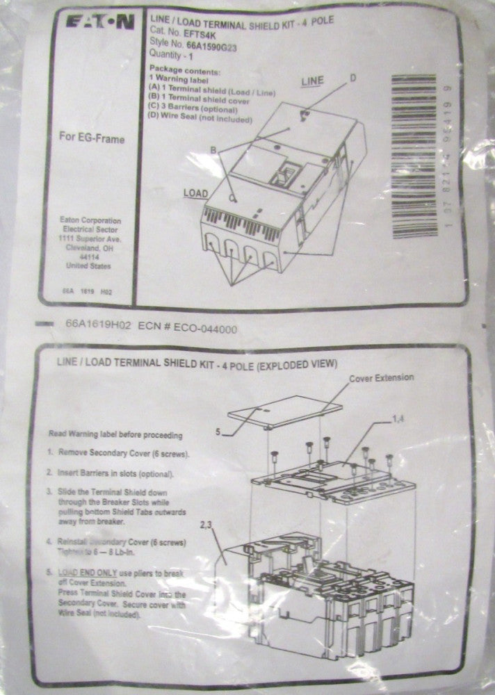 EATON CUTLER HAMMER EFT54K EG Frame 4 Pole Terminal Shield Kit 66A1590G23