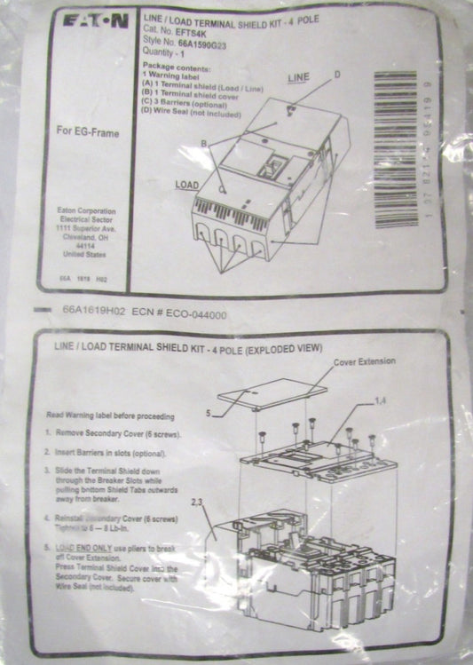 EATON CUTLER HAMMER EFT54K EG Frame 4 Pole Terminal Shield Kit 66A1590G23