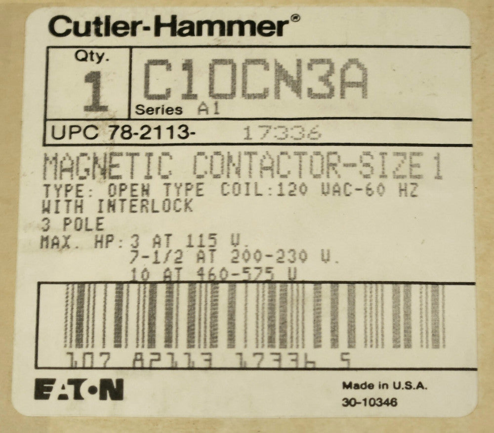 EATON CUTLER HAMMER C10CN3A 120 VAC Size 1 Citation Series C10CN3 Contactor