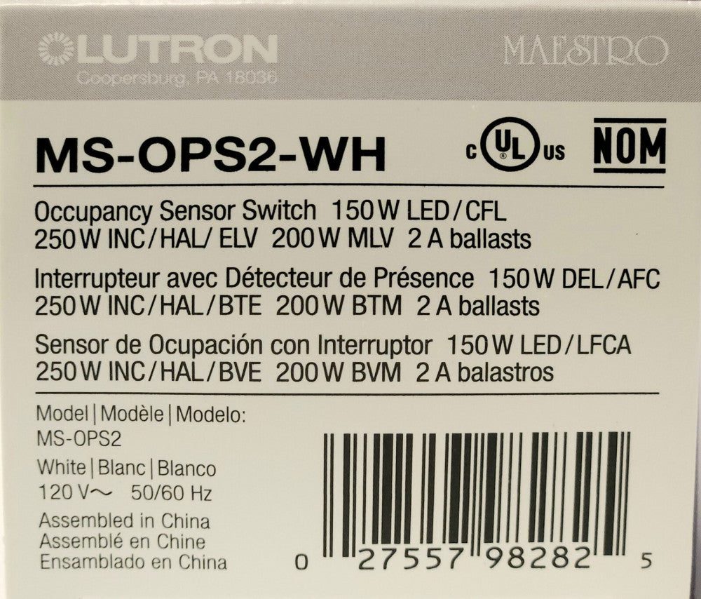 LUTRON MS OPS2 WH MAESTRO OCCUPANCY SENSOR SWITCH 150 Watt LED 250 Watt INC/HAL