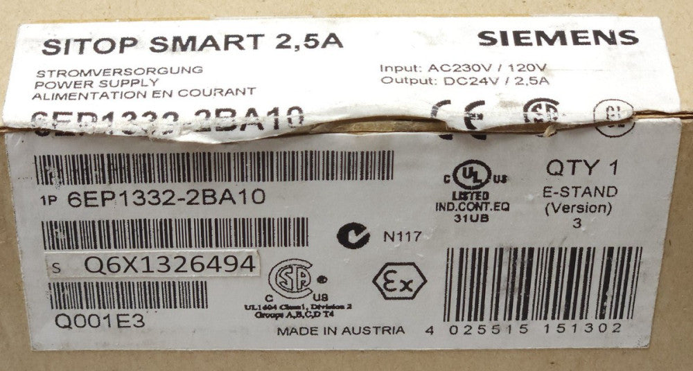 SIEMENS 6EP1332 2BA10 SITOP SMART 2.5A STROMVERSORGUNG Power Supply Input 120 23