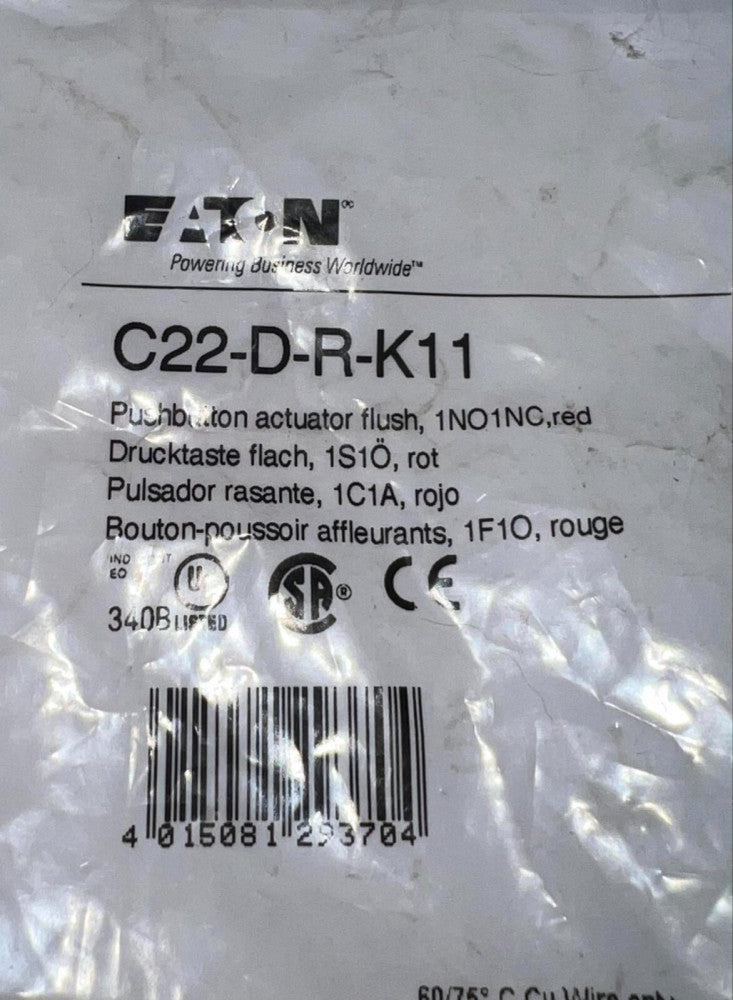 EATON C22 D R K11 Pushbutton Actuator Flush 1 NO/1 NC RED