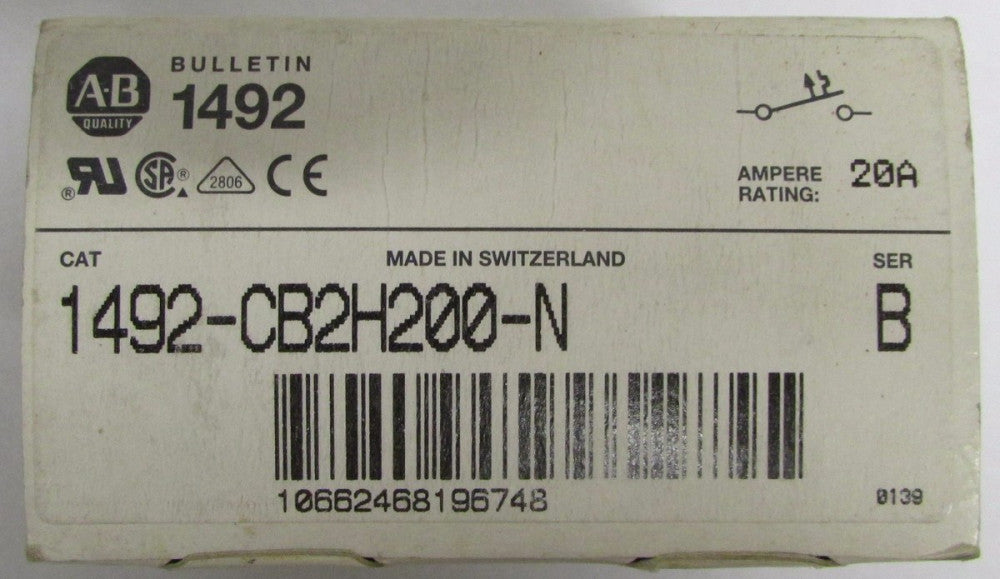 ALLEN BRADLEY 1492 CB2H200 N 2 Pole 20 Amp Circuit Breaker with 65 Amp Neutral
