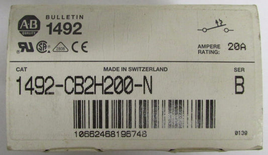 ALLEN BRADLEY 1492 CB2H200 N 2 Pole 20 Amp Circuit Breaker with 65 Amp Neutral