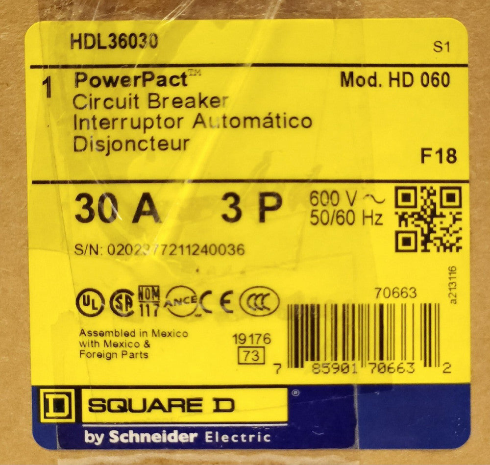 SQUARE D HDL36030 3 Pole 30 AMP Type HD 060 Circuit Breaker 600 VAC