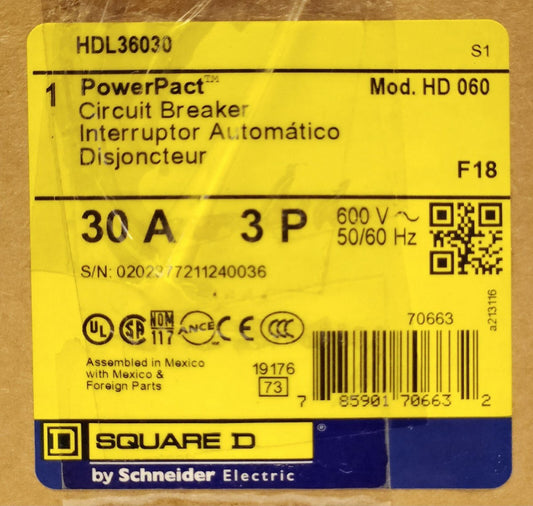 SQUARE D HDL36030 3 Pole 30 AMP Type HD 060 Circuit Breaker 600 VAC