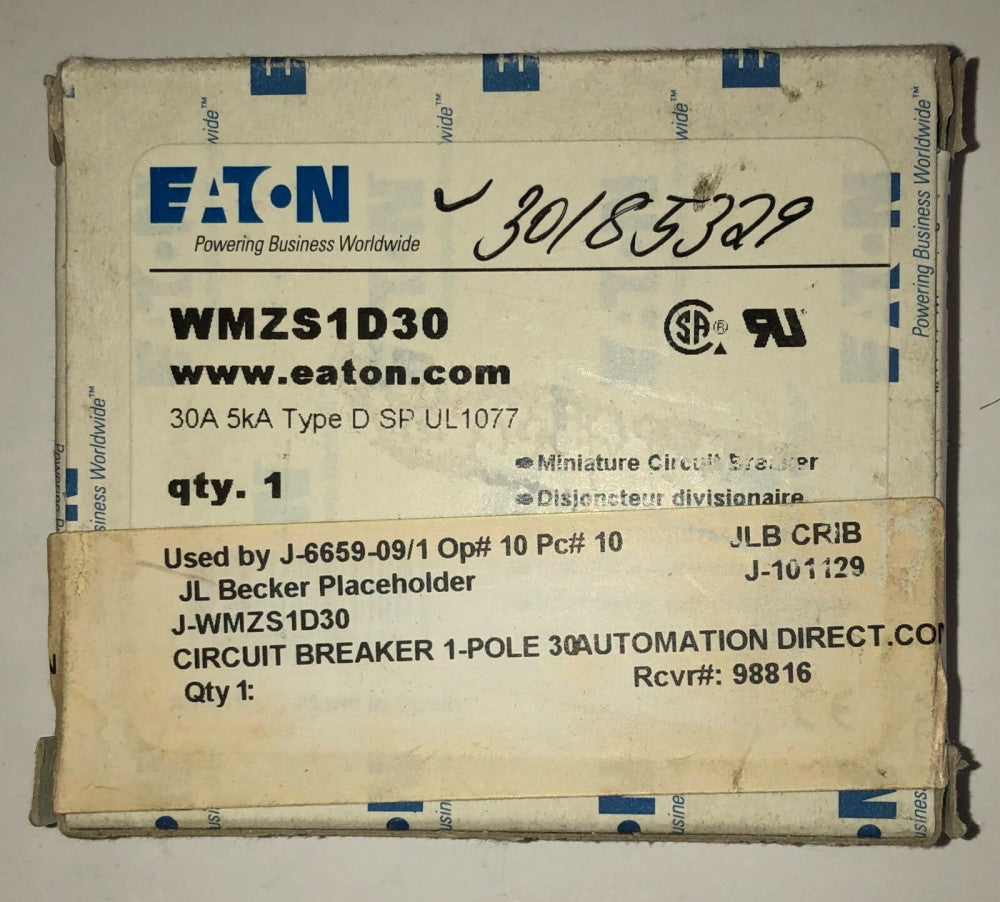 EATON WMZS1D30 Single Pole 30 AMP Type D SP Circuit Breaker