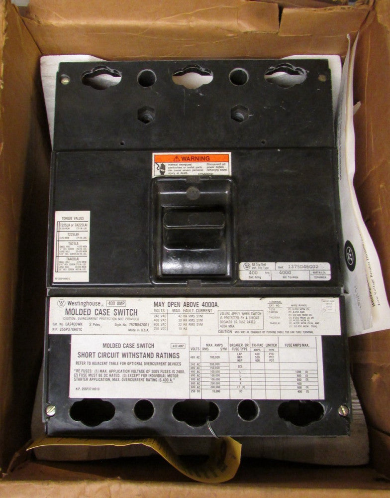 WESTINGHOUSE LA2400WK Type LA Molded Case Switch 2 Pole 400 Amp