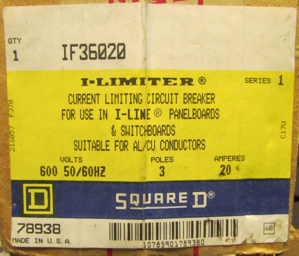 SQUARE D I-LINE I-LIMITER Circuit Breaker 3 Pole 20 Amp IF36020