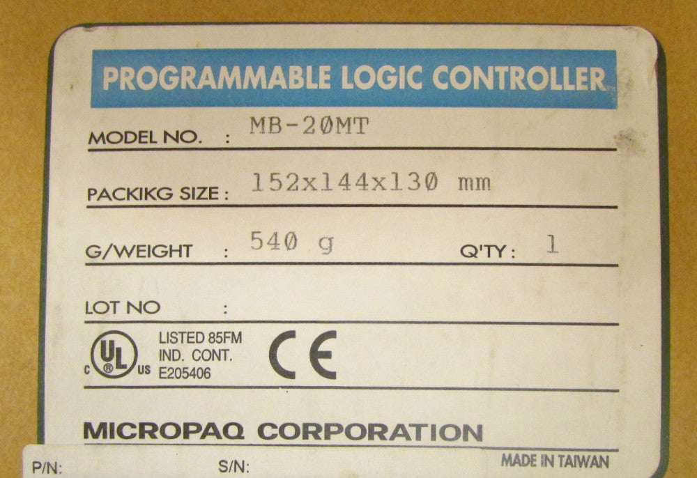 KB ELECTRONICS MB 20MT MICROPAQ Programmable Logic Controller