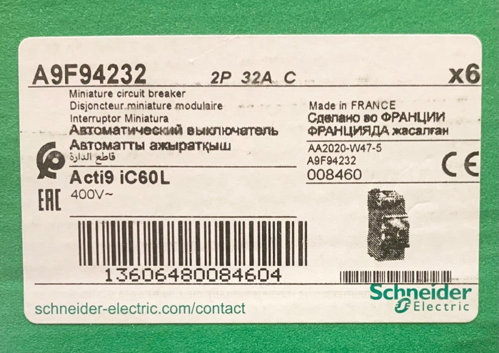 BOX OF 6 SCHNEIDER ELETRIC A9F94232 Acti9 ic60L 2 Pole 32 AMP C32A 