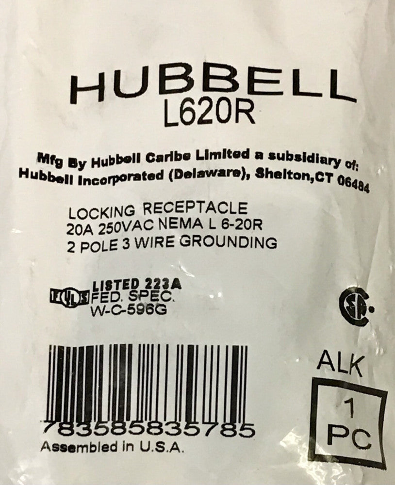 HUBBELL L620R 20 AMP 250 VAC L6-20R Locking Receptacle 2 Pole 3 Wire Grounding