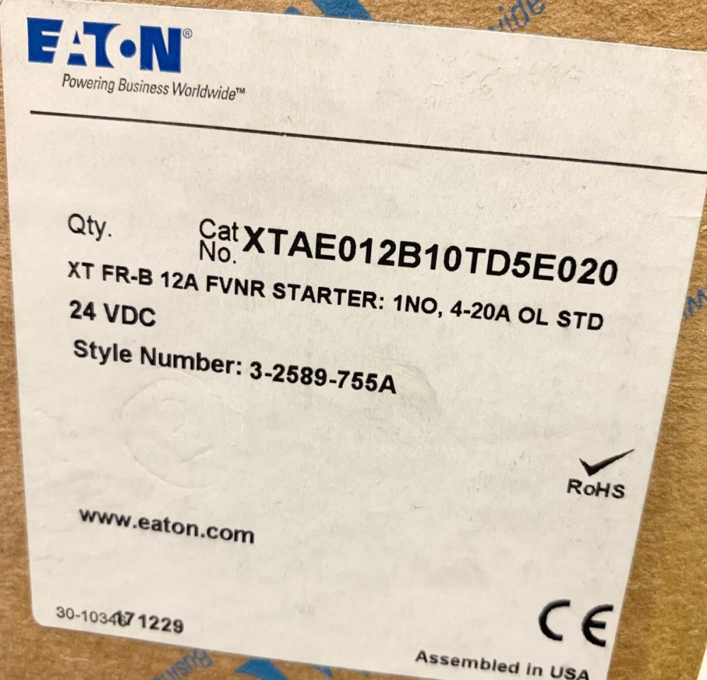 EATON XTAE012B10TD5E020 24 VDC 12 AMP FVNR Starter 4-20 AMP Overload